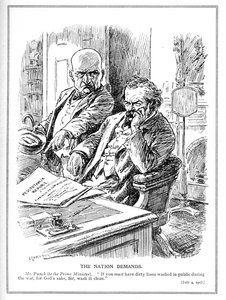 LLoyd George bliver irettesat af Mr. Punch over rapporten om den britiske invasion af Irak (Mesopotamien) i 1914, tegneserie fra magasinet Punch, juli 1917